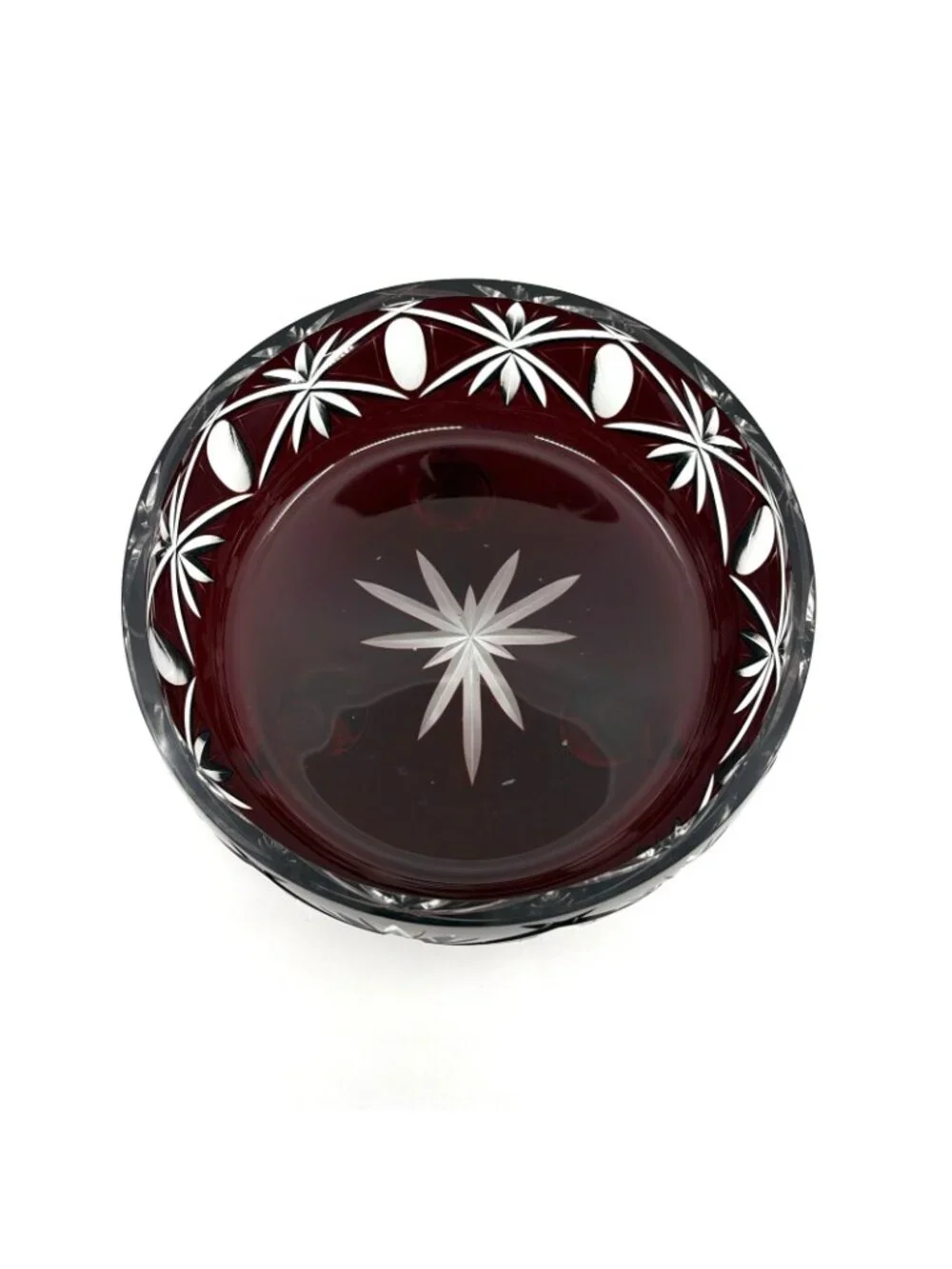 Vintage Bohemian Czech Ruby Cut to Clear Crystal Footed Centerpiece Bowl 8.5